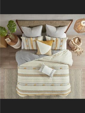 Full/Queen 3pc Boho Striped Duvet Cover Set Yellow/Grey